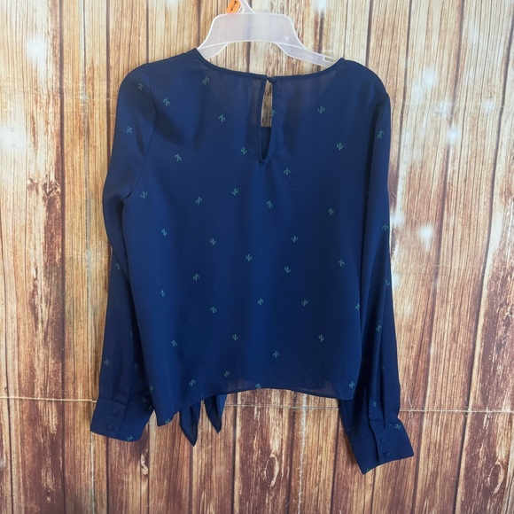 Socialite Women Long Sleeve Cactus Printed Navy Chiffon Knot Front Blouse Small - Picture 5 of 12
